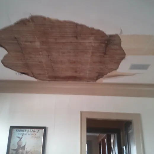 Damaged ceiling with exposed brown insulation above a doorway in a white room