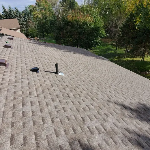 Rooftop covered in gray shingles with vents, surrounded by trees and sunlight