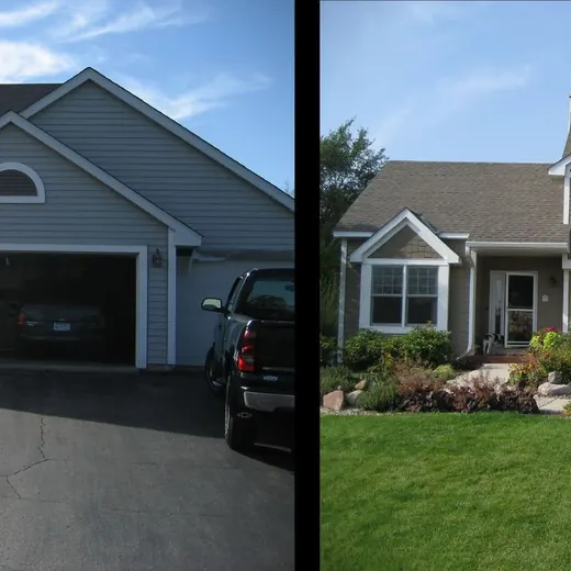 Two suburban homes with attached garages, shown side by side for before-and-after comparison.