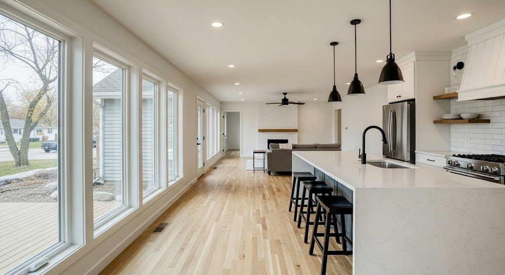 Bright modern kitchen with long island, black stools, pendant lights, and large windows overlooking a yard