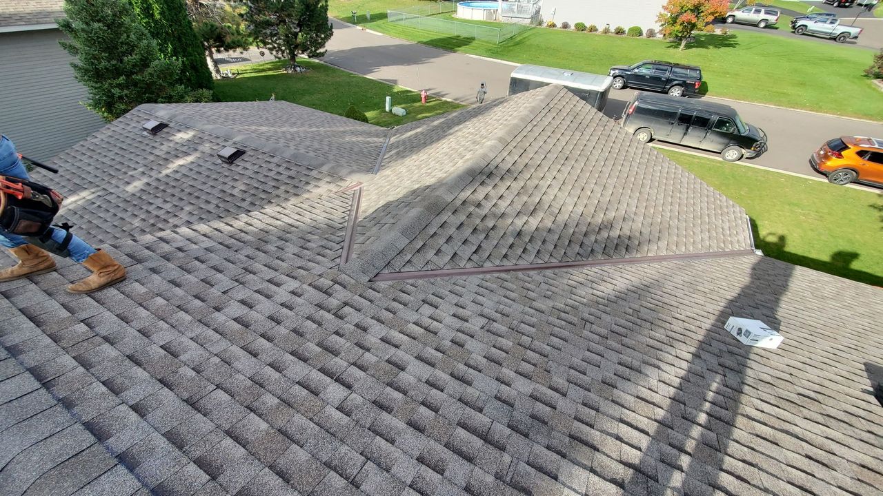 Dark gray shingled roof with vents, viewed from above against trees and neighboring houses